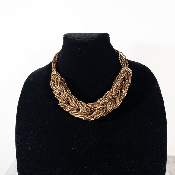 Bronze Dark Gold Beaded Braid Multi Layer Chunky Statement Necklace - Picture 2 of 3